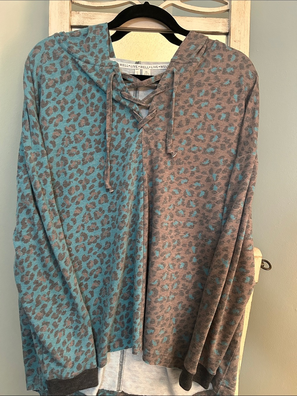 Well-Worn Two-Tone Leopard Lace-Up Hoodie in Teal and Taupe
